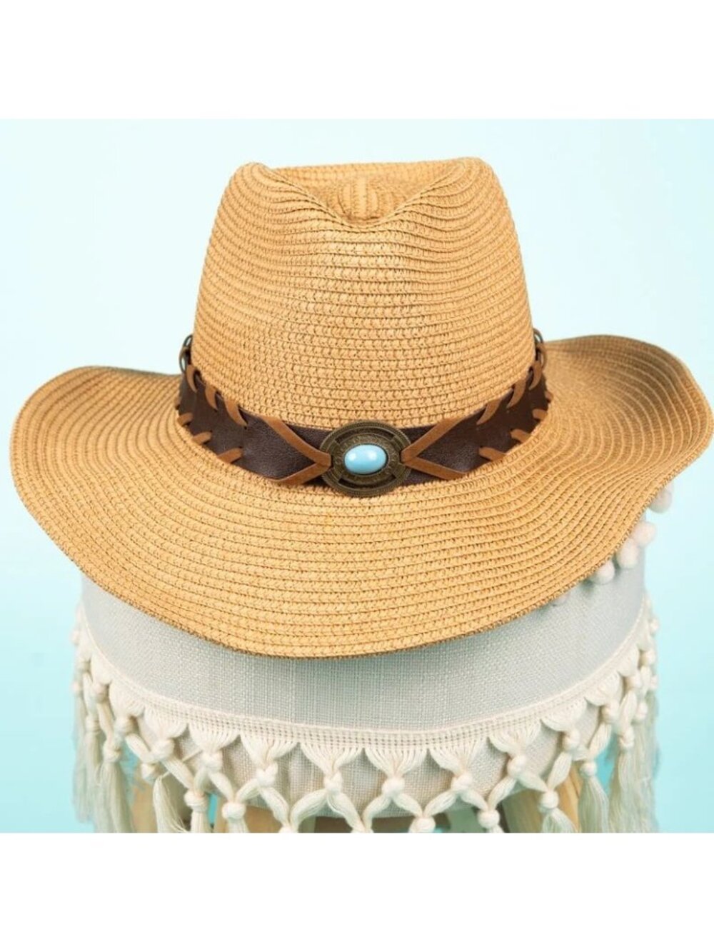 Western Boho Straw Sun Hat, Turquoise Concho, Wide Brim, Beach Cowgirl, NWT - Picture 2 of 5